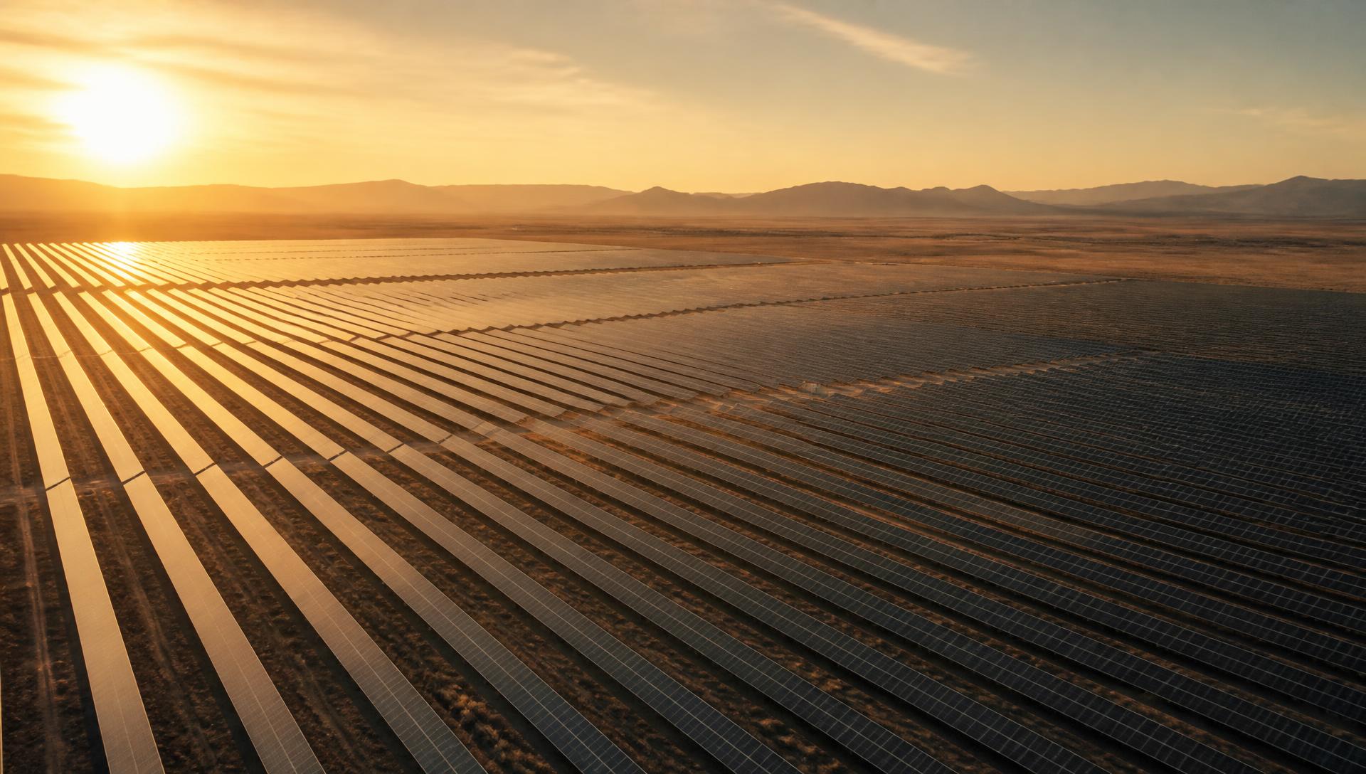 Aerial view of a utility-scale solar power plant at golden hour